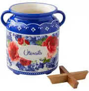 PW Ceramic Heritage Floral Utensil Holder Jar Blue Multi Stoneware & Acacia Wood