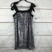 Aqua Dress Women M Black Sequins Striped Shift Velvet Tie Straps Mini Sleeveless