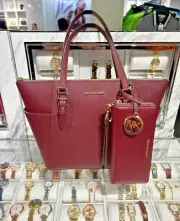 Michael Kors Charlotte Large Leather Top Zip Tote Bag+Continental ID Long Wallet