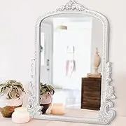 Antique Mirror for Wall Traditional Ornate Arched Baroque Mirror Vintage Wooden Hanging Arendahl Mirror Decorative for Bedroom Living Room Entryway Bathroom Fireplace Decor 20"x16" White