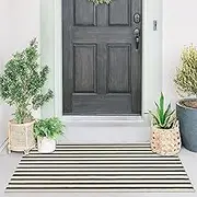 Black and Beige Front Door Mat Outdoor Cotton Handwoven Farmhouse Layered Door Mat Washable Striped Porch Rug Carpet Mat for Entrance Kitchen Laundry Bedroom (Black and Beige, 60x130 cm)