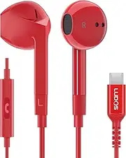 [Ludos] FEROX USB C Headphones, 5 Years Warranty, USB-C Earbuds for iPhone 16 15 Pro Max Plus Samsung Galaxy S24 S23 Ultra S22 S21 FE S20 Z Flip 3 Fold 4 A53 A54, USB Type C Earphones for iPad - Red