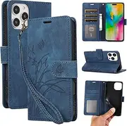 [HAOFUGUI] for Oppo A57 / A57S 4G Case Wallet, with Card Holder Kickstand Wrist Strap PU Leather Case, Flowers Shockproof Flip Cover-Blue