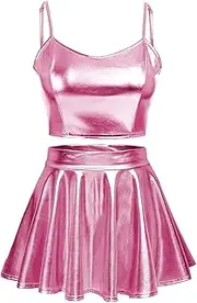 [SFBBCLOZ] Women's Metallic PU Halter Top & Mini Skirt Set - Schoolgirl/Clubwear Rave Outfits