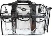 Large Clear PVC Makeup Organiser Toiletry Bag Portable Storage with Adjustable Strap 6 Large Pockets and 1 Tissue Box Sleeve. Quality use for Travel Suitable for Professional Women and Men Mua