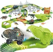 174 PCS Flexible Dinosaur Train Tracks and Race Cars Playset with 8 Dinosaurs...