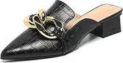 [Stratuxx Kaze] Women's Chunky Heeled Mules Slip on Closed Pointed Toe Backless Loafers with Metal Chain for Women Size 6-10