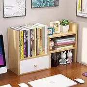 Hbluefat Desktop Organizer Rack with Drawer, Small Adjustable Wood Tabletop Bookshelf/Bookcase, Multipurpose Desk Display Storage Shelf for Home Office (Wood+White)