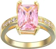 [VPbao] Wedding Band Gold-Plated Stainless Steel CZ Rectangle Promise Rings Pink