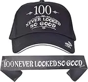 100th Birthday Hat, 100 Never Looked So Good and Hat, Baseball Cap Black, 100 Never Looked So Good Sash 100th Birthday, Novelty Men, 100th Birthday Party Supplies Gifts