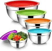 Mixing Bowls with Lids, Stainless Steel Nesting Bowls Set of 5 for Space Saving Storage, Wide Rim for Easy Grip or Pouring, for Mixing Cooking Baking Prepping (No Silicone Bottom)