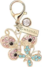 [Monnel] MC445 Crystal Double Butterfly Lobster Clasp Charm for Women with Velvet Bag (Pink and Blue,1 Piece), approx.3.8 cm (L) X 0.5 cm (W) X 4.5 cm (H), Zinc Alloy Metal Rhinestone Crystal Enamel