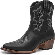 [GLOBALWIN] Women's Mid Calf Western Cowboy Boots Premium Cowgirl Boots for Women with Floral Embroidery Side Zipper Chunky Heel