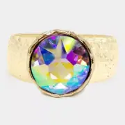 Round Crystal Stone Bracelet Metal Wide Hinged Bangle Evening GOLD AB 10035