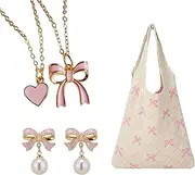 [JHJEWH] Pink Bow Crochet Tote Bags for Women,Coquette Jewelry Set,Beach Mesh Knitted Shoulder Bag,Gold Bow &Heart Necklace,Bow Pearl Earrings,Valentines Day Gifts,Coquette Aesthetic Gifts for Her, one