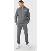 Mens Dark Grey Slim Fit Official Zip Through Mesh Panelled Hooded Tracksuit