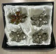 4 New Bombay Brown Enameled Napkin Rings Flowers Original Box Silver Tone