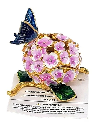 NEW Butterfly & Pink Flower Jewelry Ring Trinket Box Enamel Rhinestone Hinged