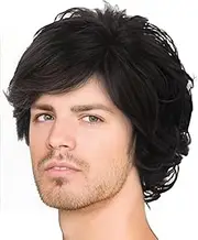 Men Black Wig, Short Wavy Shaggy Style Layered Wig for Halloween Costumes Cosplay with Wig Cap (Black, 10 Inch)