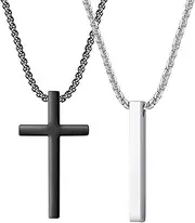 [ZENGSING] Men's 2 Piece Chain Set Cross Chain Men's Chain Men's Bar Pendant Stainless Steel Necklace Cross Necklace Men Black Silver Necklace Cuboid Stainless Steel for Women Men Gift