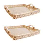 2x LVD Woven Willow Tray Basket Storage Decor Square w/ Glass 45x45cm Natural