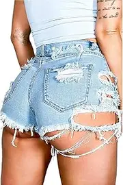 [Susupeng] Women Summer Irregular Waist Jean Shorts with Pockets Frayed Ripped Holes Cute Sexy Hot Mini Denim Shorts