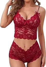 [Zylphorix] Women Sexy Lace Bra and Panty Set 2 Piece Strappy Babydoll Bodysuit Floral Lace Pajamas Lingerie Underwire