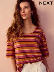 Tan Brown Stripe Linen Modal Blend Soft Touch Scoop Neck T-Shirt (AD3633) | $47
