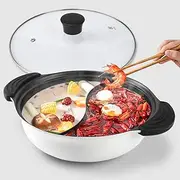 Kerykwan Food Grade Stainless Steel Aluminum Alloy Shabu Shabu Hot Pot with Divider&Lid for Induction Cooktop Gas Stove Dual Sided Soup Cookware (10.7", White)