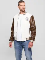 GUESS White Varsity Bomber Jacket Size: Large, Polyester