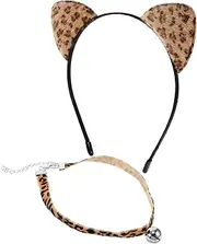 [ANDRESLAD] Cat Ears Headband Leopard Print Retro Chic Set Animal Ear Party Headdress Necklace for Women