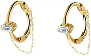 [Generic] Square Cut Diamond Cuff Thin Chain Tassel Short Dangle Drop Small Hoop Earrings for Women Cartilage Fashion Elegant Copper Tiny Mini Hoops Threader Dangling Hanging Hypoallergenic Jewelry