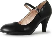 [J. Adams] Mary Jane Kitten Heels - Vintage Retro Scallop Round Toe Shoe with an Adjustable Strap - Honey