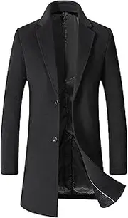[Gsywaipei] Men's Classic Long Wool Overcoat Trench Coat Single Breasted Slim Fit Jacket Casual Winter Business Pea Overcoats