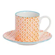 Hand Printed Espresso Cup Saucer Set Small Porcelain Coffee Cups Orange 65ml