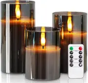 Clear Glass Flameless Candles with Timer, Remote Control, LED Pillar, Battery Operated - Set of 3 (Grey)