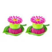 2x Vigar Flower Power Pink Non-Scratch Palm Dish Brush w/Holder Scrubber Cleaner