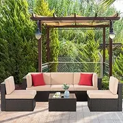 [Shintenchi] 6 Pieces Patio Furniture Sets Outdoor All-Weather Sectional Patio Sofa Set PE Rattan Manual Weaving Wicker Patio Conversation Set with Glass Table&Ottoman Cushion and Red Pillows, Neutral