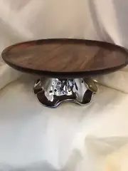 Turned Wood And Metal Artisan Cake Stand Cake Plate Server 15”