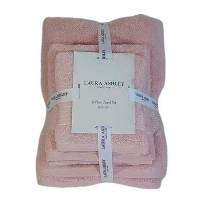 Laura Ashley Home Bath Towel Set 6 Pc, Zero Twist, Pink, 100% Cotton, New