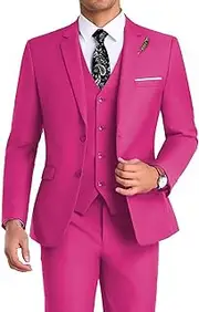 [Mrbuerly] Men Suit 3 Pieces Slim Fit, Groomsmen Business Jacket Vest Pant with Tie 2 Buttons Prom Tuxedo Xs/3630, Fuchsia, 5X-Large