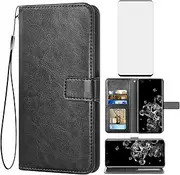 [Asuwish] Compatible with Samsung Galaxy S20 Ultra Glaxay S20ultra 5G Wallet Case Tempered Glass Screen Protector Flip Cover Card Holder Accessories Phone Cases for Gaxaly 20S S 20 A20 20ultra G5 Black