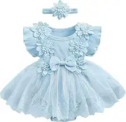 [Mtsebmves] Newborn Baby Girl Romper Dress Ruffle Sleeve Mesh Dress Toddler Lace Dress Jumpsuits with Headband