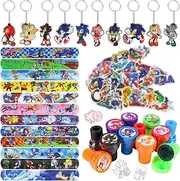 Pack of 84 Hedge-hog Party Bags, Soni Children's Birthday Party Bags, 12 Slap Bracelets Clap Bracelets, 12 Stamps, 50 Stickers, 10 Key Chains, Soni Birthday Gift Decoration