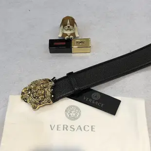 VERSACE 凡賽斯 黑標皮帶 亮面金色