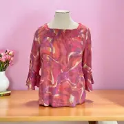 Ava And Grace XL Smocked Boho Peasant Blouse Pink Abstract Lightweight Top