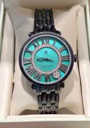 Judith Ripka London Green Metallic + Rhinestones Watch Black Stainless BNIB