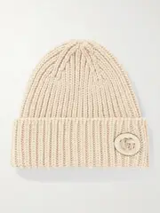 [Gucci] Gucci - Victor Appliquéd Ribbed Metallic Wool-blend Beanie - Ivory - S S Ivory