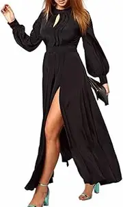 [Red Dot Boutique] 8802 - Plus Size Long Sleeves Pleated Slit Evening Cocktail Maxi Black Dress