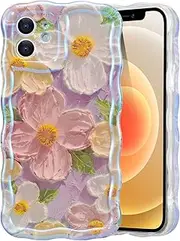 EYZUTAK Case for iPhone 11, Colorful Retro Oil Painting Printed Flower Laser Beam Glossy Pattern Cute Curly Waves Border Exquisite Phone Cover Stylish Durable TPU Protective Case for Girls Women -Pink